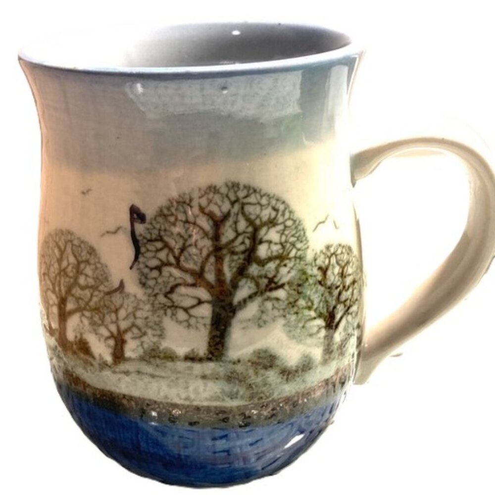 OTAGIRI Scenic Stoneware Mug with Trees, Scenic Trees,  Birds, Sky, Blue & White
